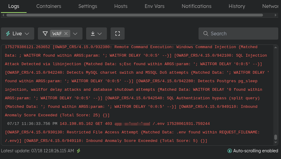 WAF logs view